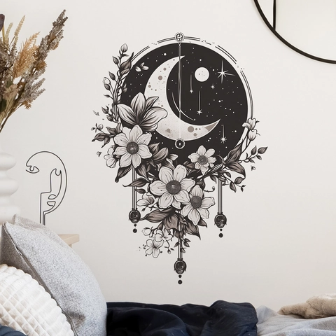 Moon Star Flower Wall Sticker Circular Floral Wreath PVC Removable Art Decal For Living Room Bedroom Home Wall Decoration