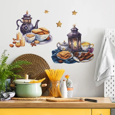 Aquarell Ramadan Wandtattoo Mittelost Festival Lila Teekanne Laterne Essen Muster PVC Aufkleber Für Küche Deko
