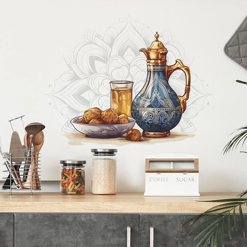 Naher Osten Stil Teekanne Dallah Datteln Wandaufkleber PVC Dekorative Wandtattoo Mandala Muster Für Küche Restaurant Wohnkultur