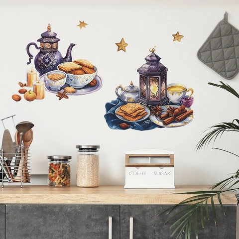 Aquarell Ramadan Wandtattoo Mittelost Festival Lila Teekanne Laterne Essen Muster PVC Aufkleber Für Küche Deko