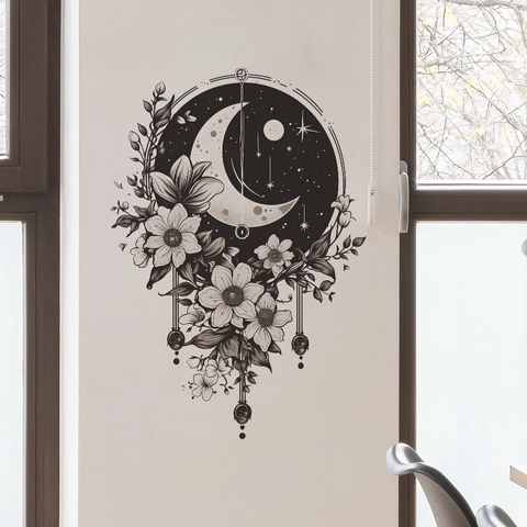 Moon Star Flower Wall Sticker Circular Floral Wreath PVC Removable Art Decal For Living Room Bedroom Home Wall Decoration