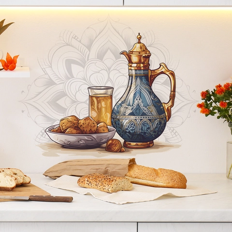 Naher Osten Stil Teekanne Dallah Datteln Wandaufkleber PVC Dekorative Wandtattoo Mandala Muster Für Küche Restaurant Wohnkultur