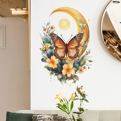 Adesivo da Parete Farfalla Luna Fiore PVC Autoadesivo Decalcomania Artistica per Camera da Letto Soggiorno Decorazione Casa Acquerello