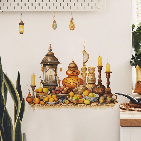 Vinilos de Pared de Ramadán Eid de Estilo Medio Oriente Lámpara Retro Vela Fruta Patrón PVC Vinilos para Cocina Decoración