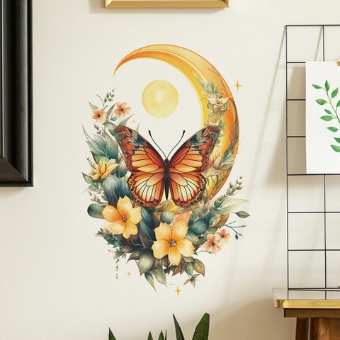 Adesivo da Parete Farfalla Luna Fiore PVC Autoadesivo Decalcomania Artistica per Camera da Letto Soggiorno Decorazione Casa Acquerello