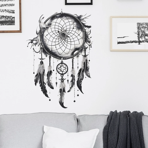 Adesivo da Parete Artistico Acchiappasogni con Piume Nero Disegnato a Mano Decalcomania in PVC per Camera da Letto Soggiorno FX-E320