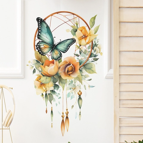 Aquarell Traumfänger Schmetterling Blume Wandaufkleber PVC Dekorative Wandtattoos Für Wohnzimmer Schlafzimmer Zuhause Deko