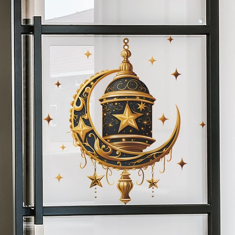 Adhesivo de Pared de Linterna de Estrella de Luna de Ramadán Dorado PVC Removible Islámico Eid Mubarak Calcomanía de Pared para Sala de Estar Dormitorio Decoración del Hogar