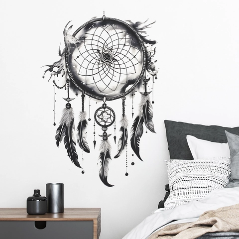 Adesivo da Parete Artistico Acchiappasogni con Piume Nero Disegnato a Mano Decalcomania in PVC per Camera da Letto Soggiorno FX-E320