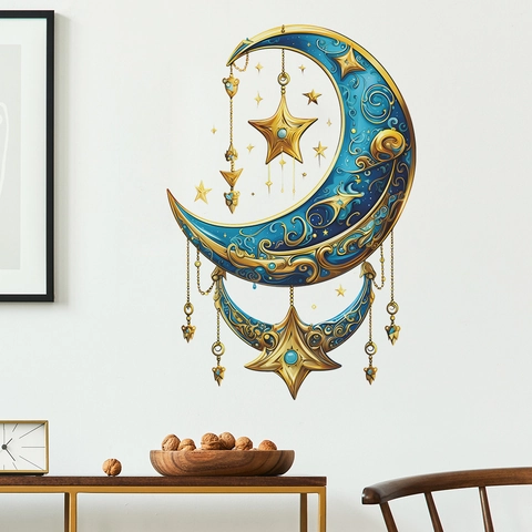 Abnehmbarer PVC Wandtattoo Mit Blau Gold Mond Und Sterne Muster Bohemian Stil Künstlerische Home Decor Wandaufkleber Für Wohnzimmer