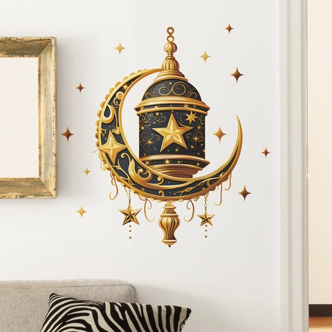 Adhesivo de Pared de Linterna de Estrella de Luna de Ramadán Dorado PVC Removible Islámico Eid Mubarak Calcomanía de Pared para Sala de Estar Dormitorio Decoración del Hogar