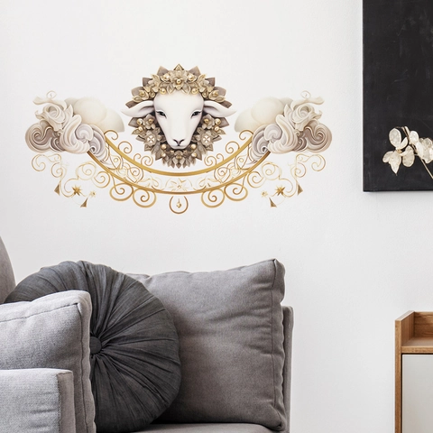 Kreativer Schafskopf Blumenkrone Wandaufkleber Wasserdichtes PVC Goldener Schnörkel Muster Wandtattoo Für Wohnzimmer Dekoration