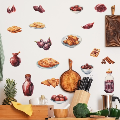 Watercolor Food Wall Stickers Figs Biscuits Spices Kitchen Decor Hand Painted PVC Removable Dining Room Home Wall Decals