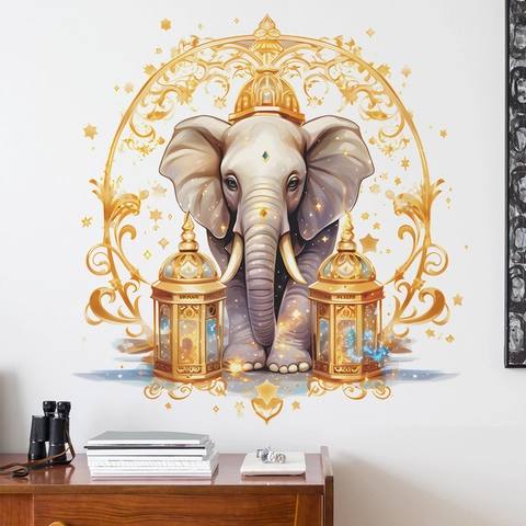 Pegatina de Pared Creativa Elefante Linterna Estilo Medio Oriente PVC Decoración para Sala de Estar Dormitorio Calcomanía Estética