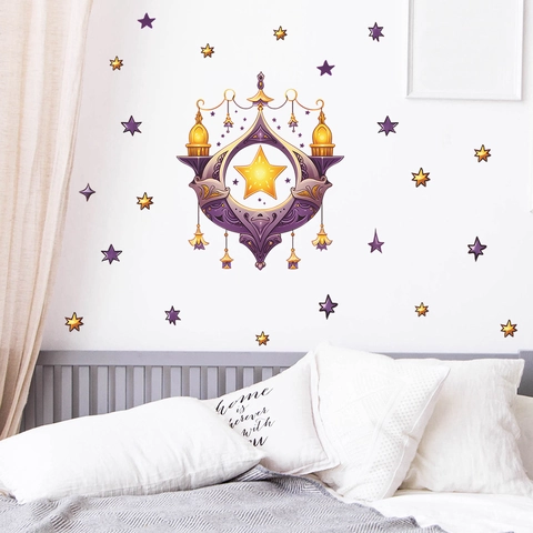 Pegatina de Pared de Ramadán Luna Estrellas Linterna Púrpura Oro PVC Estampado Fantasía Decorativo para Habitación de Niños
