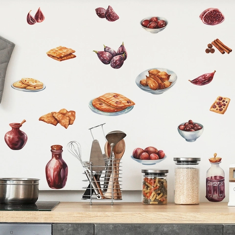 Watercolor Food Wall Stickers Figs Biscuits Spices Kitchen Decor Hand Painted PVC Removable Dining Room Home Wall Decals