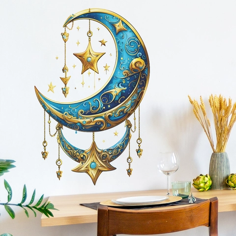 Abnehmbarer PVC Wandtattoo Mit Blau Gold Mond Und Sterne Muster Bohemian Stil Künstlerische Home Decor Wandaufkleber Für Wohnzimmer