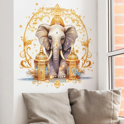Pegatina de Pared Creativa Elefante Linterna Estilo Medio Oriente PVC Decoración para Sala de Estar Dormitorio Calcomanía Estética
