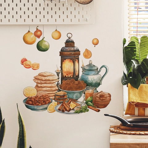 Ramadan Middle Eastern Theme Wall Sticker Kitchen Restaurant Decor PVC Teapot Lantern Food Illustration DIY Home Art Decal