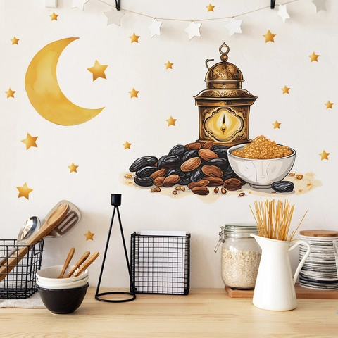 Ramadan Mond Stern Laterne Essen Wandtattoos PVC Abnehmbare Eid Dekoration Für Wohnzimmer Küche Home Hintergrund Dekor