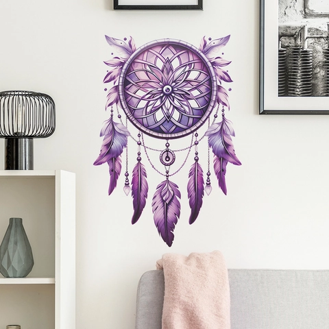 Purple Dreamcatcher Wall Sticker Gradient Feather Mandala Pattern PVC Self-Adhesive Wall Decal For Bedroom Living Room Decoration