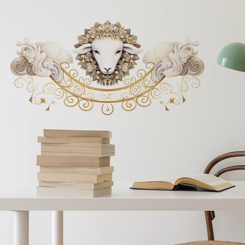 Kreativer Schafskopf Blumenkrone Wandaufkleber Wasserdichtes PVC Goldener Schnörkel Muster Wandtattoo Für Wohnzimmer Dekoration