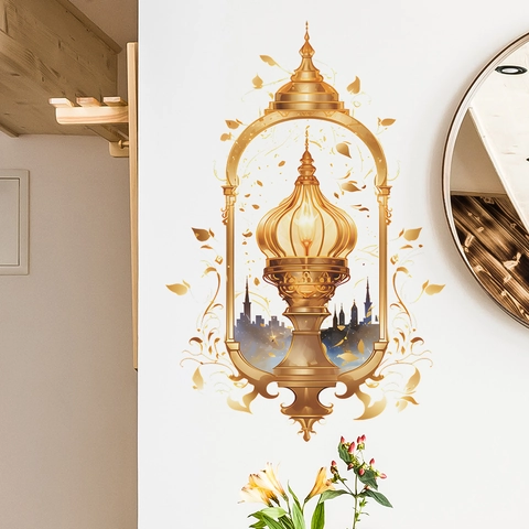 Goldener Islamischer Kronleuchter Wandsticker PVC Metallische Laterne Stadt Silhouette Dekor Für Ramadan Wohnzimmer Haus Dekoration