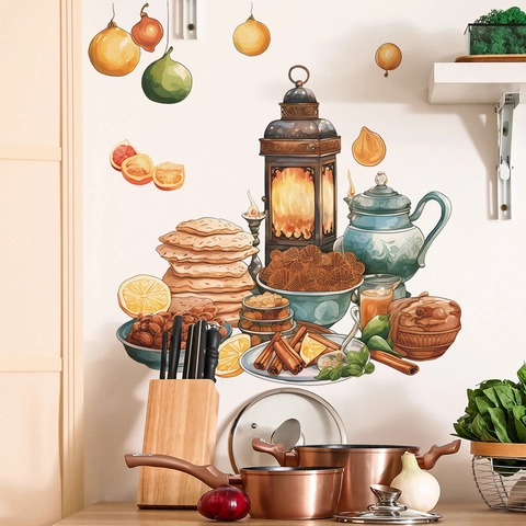 Ramadan Middle Eastern Theme Wall Sticker Kitchen Restaurant Decor PVC Teapot Lantern Food Illustration DIY Home Art Decal