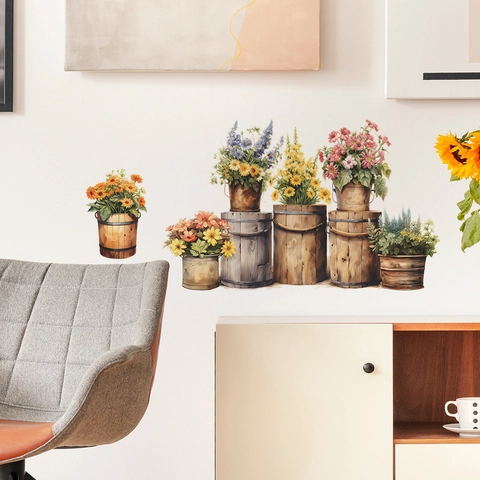Potted Plant Flower Wall Stickers Vintage Buckets Watercolor Floral Home Decor PVC Decals For Bedroom Living Room Kitchen