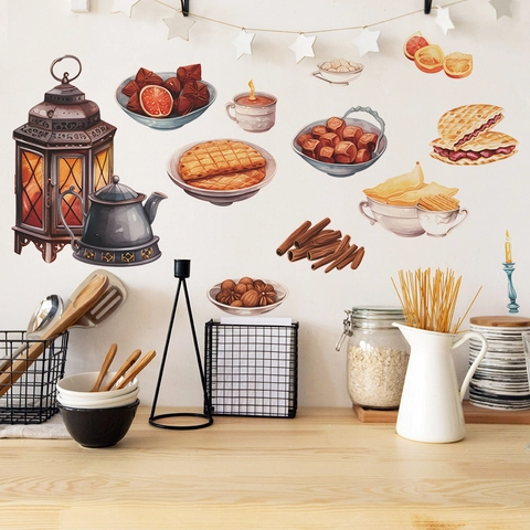 Ramadan Wandtattoo Küche Mittlerer Osten Stil PVC Essens Teekanne Laterne Illustration Restaurant Deko DIY Aufkleber