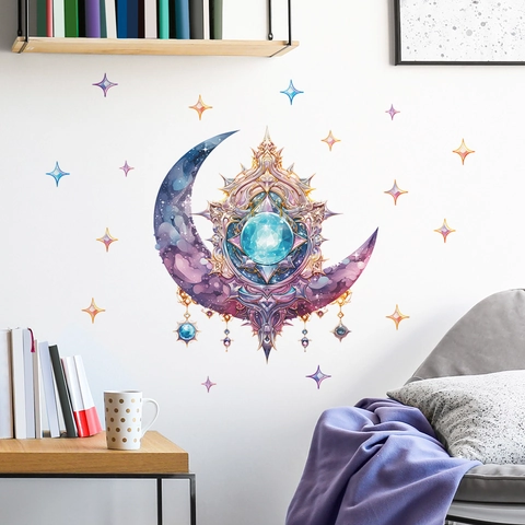 Pegatina de Pared Fantasía Luna de Cristal y Estrellas PVC Creativa Luna Creciente Gema Azul Decoración Removible DIY para Habitación