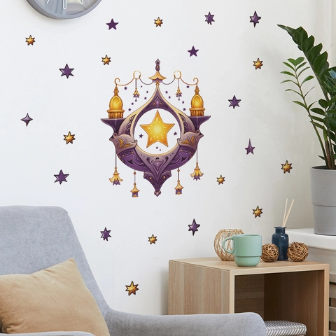 Pegatina de Pared de Ramadán Luna Estrellas Linterna Púrpura Oro PVC Estampado Fantasía Decorativo para Habitación de Niños
