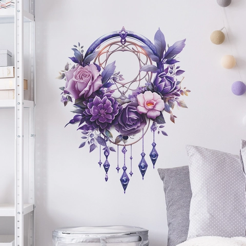 Lila Blume Traumfänger Wandtattoo Kreative PVC Blumen Aufkleber Für Schlafzimmer Wohnzimmer Home Decor Moderne Kunst Wandbild