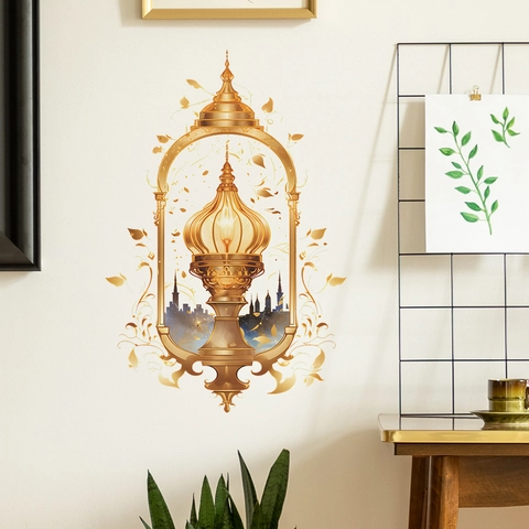 Goldener Islamischer Kronleuchter Wandsticker PVC Metallische Laterne Stadt Silhouette Dekor Für Ramadan Wohnzimmer Haus Dekoration