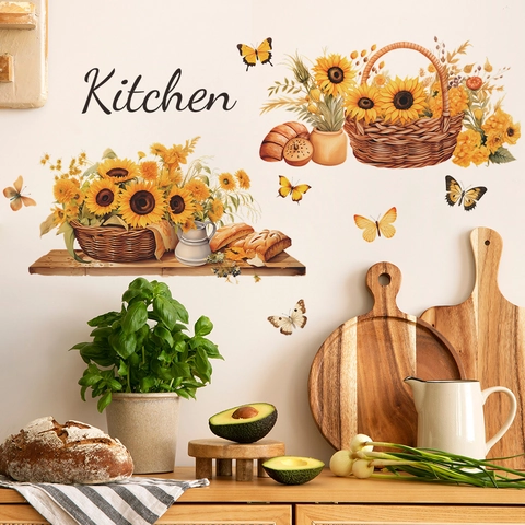 Kitchen Sunflower Wall Stickers Yellow Flower Butterfly Mural Modern PVC Pastoral Decals For Kitchen Dining Room Home Decor