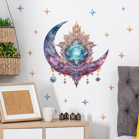 Pegatina de Pared Fantasía Luna de Cristal y Estrellas PVC Creativa Luna Creciente Gema Azul Decoración Removible DIY para Habitación