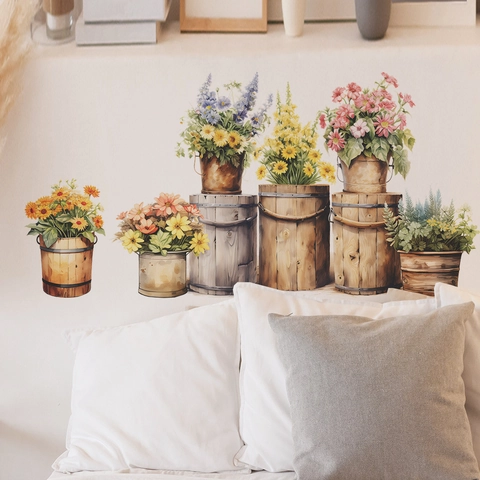 Potted Plant Flower Wall Stickers Vintage Buckets Watercolor Floral Home Decor PVC Decals For Bedroom Living Room Kitchen