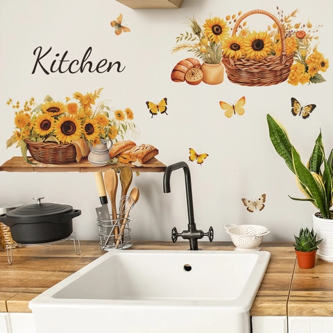 Kitchen Sunflower Wall Stickers Yellow Flower Butterfly Mural Modern PVC Pastoral Decals For Kitchen Dining Room Home Decor