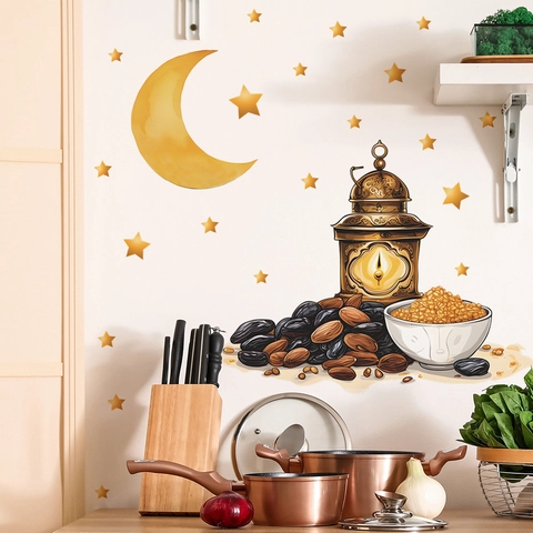 Ramadan Mond Stern Laterne Essen Wandtattoos PVC Abnehmbare Eid Dekoration Für Wohnzimmer Küche Home Hintergrund Dekor