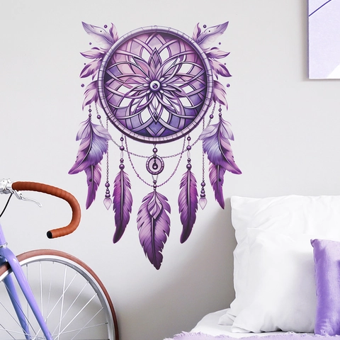 Purple Dreamcatcher Wall Sticker Gradient Feather Mandala Pattern PVC Self-Adhesive Wall Decal For Bedroom Living Room Decoration