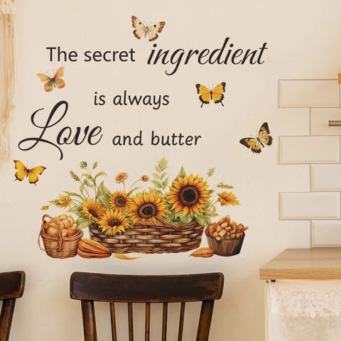 Sunflower Butterfly Kitchen Quote Wall Sticker The Secret Ingredient Is Always Love And Butter Waterproof PVC Home Decals