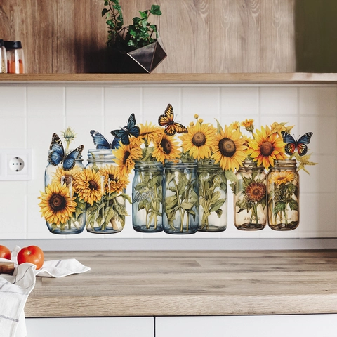 Sunflower Butterfly Mason Jar Wall Stickers PVC Printed Floral Mural Decals for Kitchen Living Room Home Decor