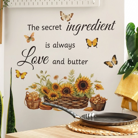 Sunflower Butterfly Kitchen Quote Wall Sticker The Secret Ingredient Is Always Love And Butter Waterproof PVC Home Decals