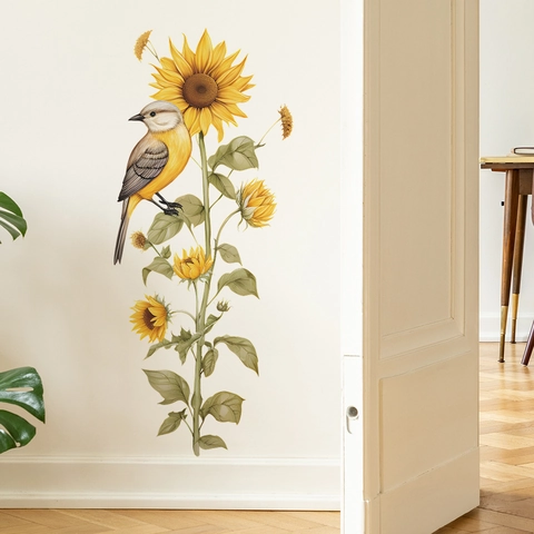 Adesivo Murale Girasole Uccello Acquerello PVC Decalcomania Decorativa per Soggiorno Camera da Letto Arte Floreale Rimovibile
