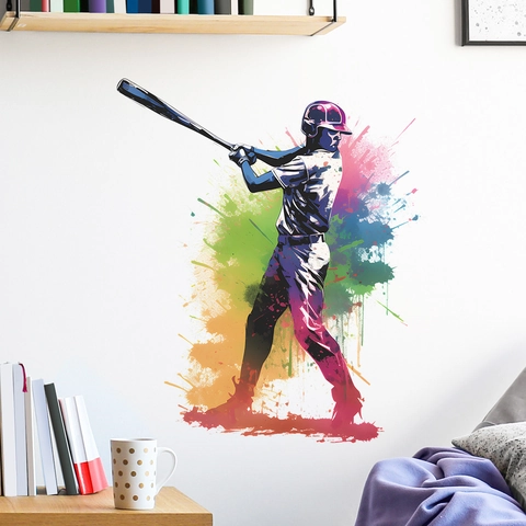Artistic Baseball Player Splatter Art PVC Wall Sticker Colorful Athlete Silhouette Decal For Bedroom Living Room Home Decor