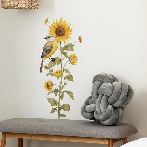Adesivo Murale Girasole Uccello Acquerello PVC Decalcomania Decorativa per Soggiorno Camera da Letto Arte Floreale Rimovibile