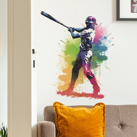 Artistic Baseball Player Splatter Art PVC Wall Sticker Colorful Athlete Silhouette Decal For Bedroom Living Room Home Decor