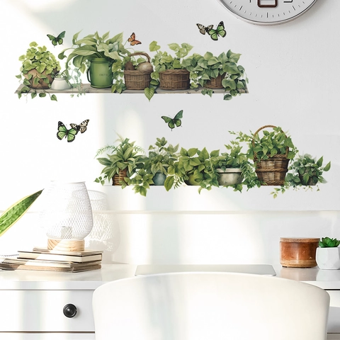 Topfgrünpflanzen Schmetterling Wandaufkleber PVC Abnehmbare Aquarell Botanische Wandbild Aufkleber Für Wohnzimmer Schlafzimmer Home Decoration