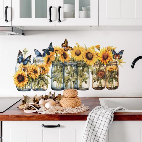 Sunflower Butterfly Mason Jar Wall Stickers PVC Printed Floral Mural Decals for Kitchen Living Room Home Decor