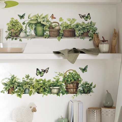 Topfgrünpflanzen Schmetterling Wandaufkleber PVC Abnehmbare Aquarell Botanische Wandbild Aufkleber Für Wohnzimmer Schlafzimmer Home Decoration